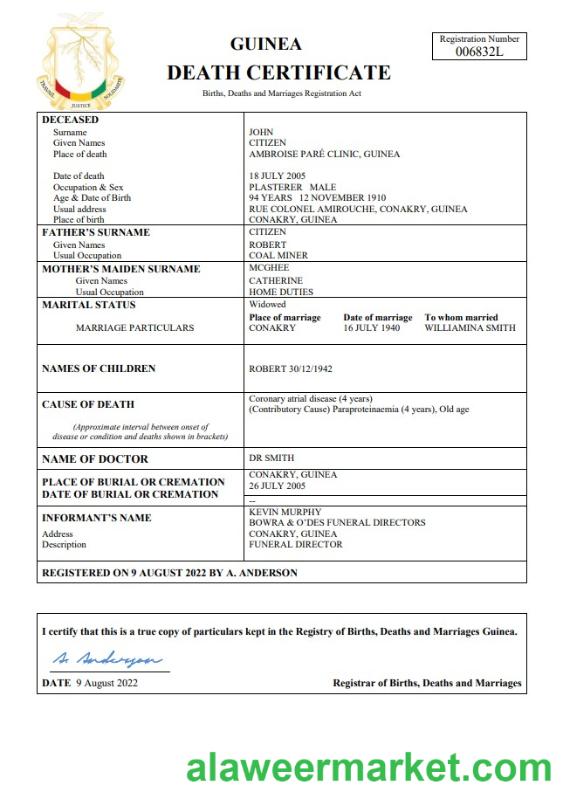 Guinea death certificate Word and PDF template,